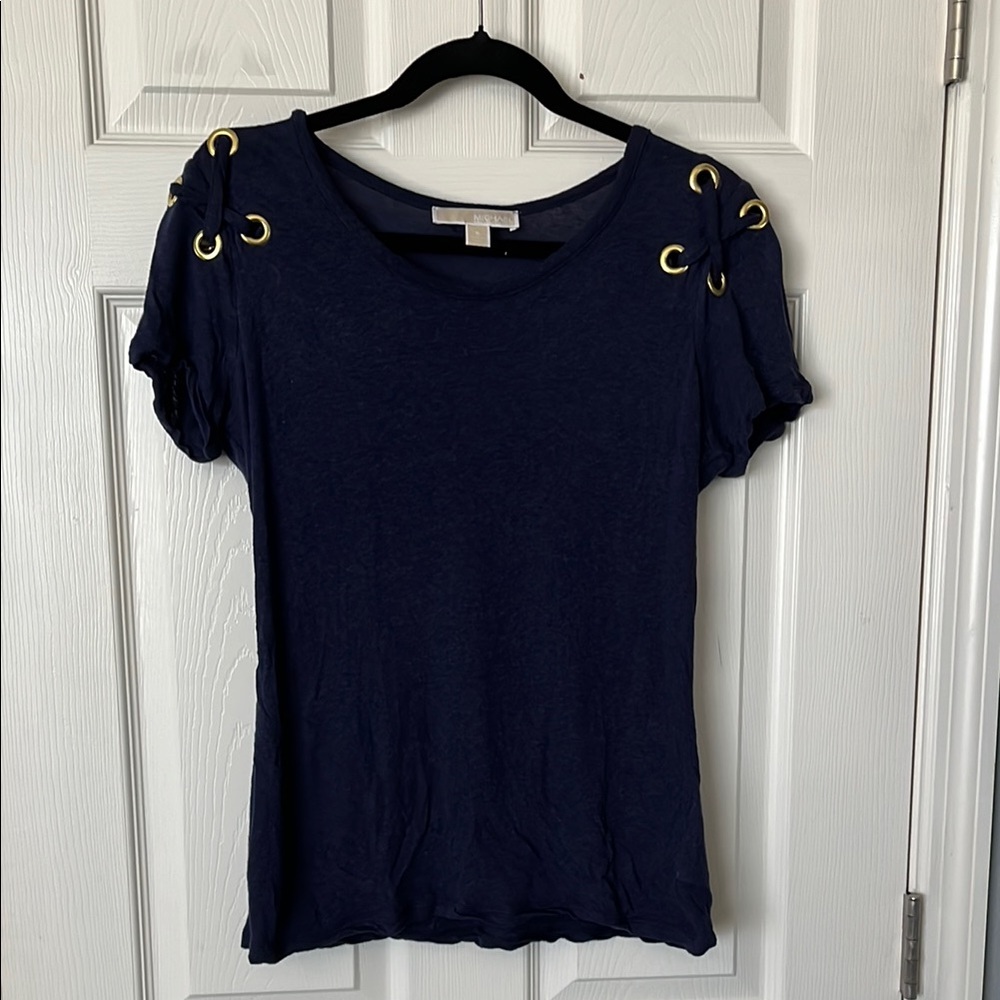Michael Kors navy t-shirt with gold grommet details - S